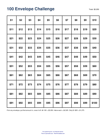 Free 100 Envelope Challenge Printable (PDF) – preview of the printable page