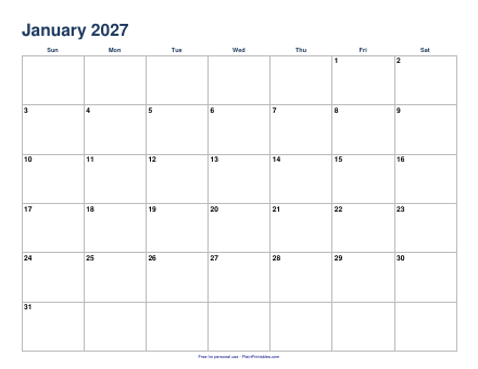 Free 2027 Monthly Calendar Printable (PDF)