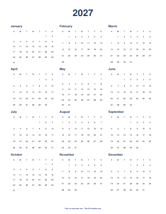 Free 2027 Yearly Calendar Printable (PDF)