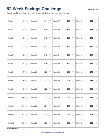 Free 52-Week Savings Challenge Printable (PDF)
