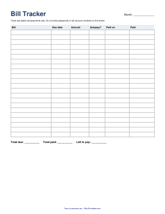 Free Printable Bill Tracker (Monthly PDF)