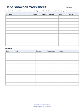 Free Debt Snowball Worksheet Printable (PDF) &ndash; preview of the printable page
