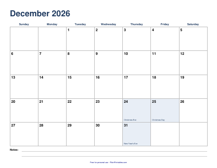 Free December 2026 Calendar Printable (PDF)