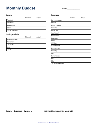 Free Monthly Budget Sheet Printable (PDF)