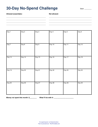 Free 30-Day No-Spend Challenge Printable (PDF) &ndash; preview of the printable page