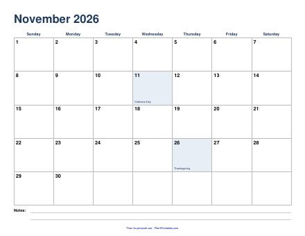 Free November 2026 Calendar Printable (PDF)